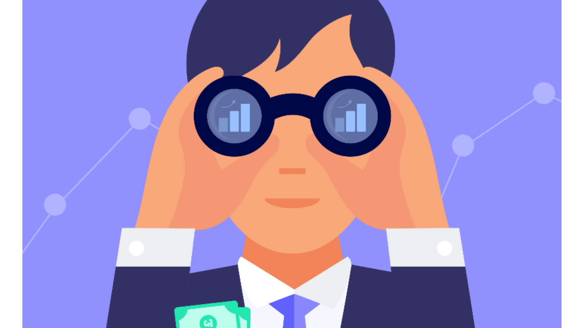 Illustration of a finance professional using binoculars to analyze workforce costs and forecasting data